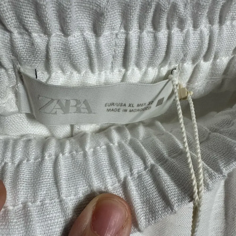 Zara Linen Wide Leg Pull On Pant Women XL White Coastal Beach Minimal Vacation